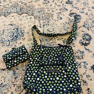 Vera Bradley crossbody and matching wallet. Navy and green white polka dots.